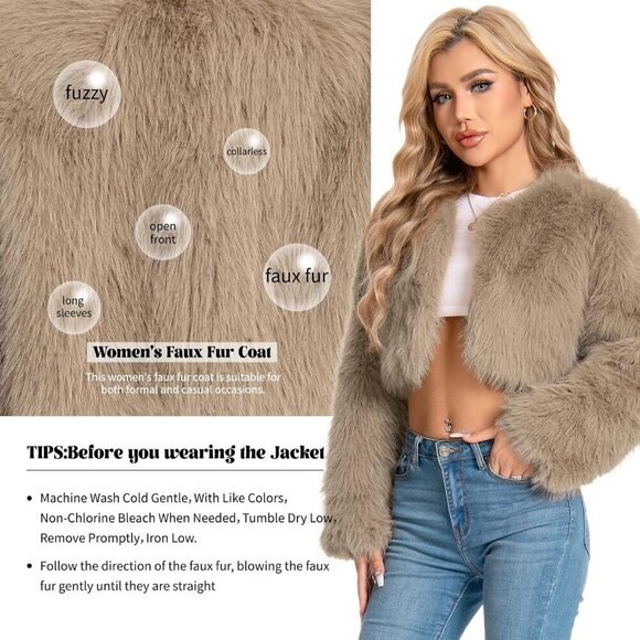 🆕Women Khaki Cropped Fur Coat for Faux Furry Long Sleeve Cropped Fluffy Jacket - Picture 5 of 6